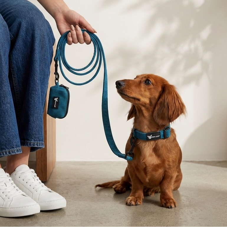 Dog Set — Navy (Collar, Leash, Harness & Poop Bag Holder, Corduroy)