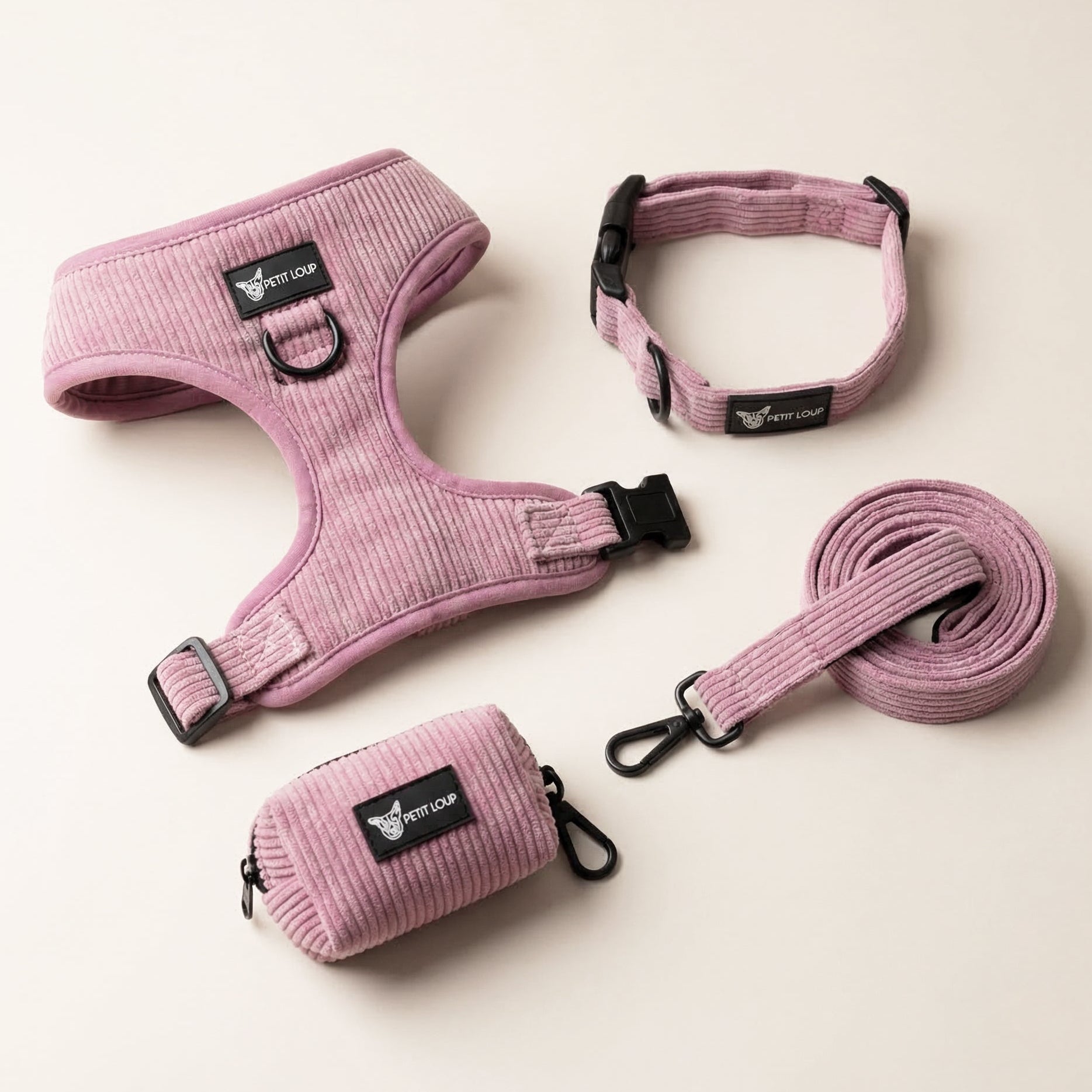 Dog Set — Lila (Collar, Leash, Harness & Poop Bag Holder, Lilac Corduroy)