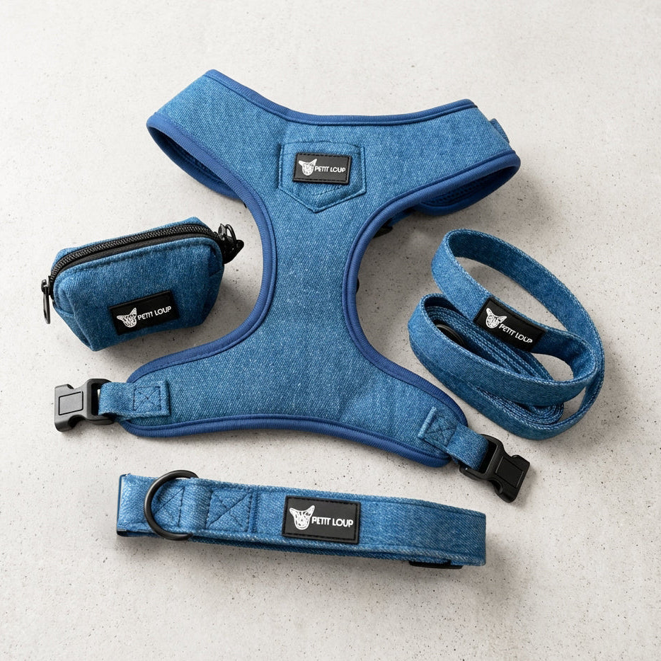 Dog Set — Denim (Collar, Leash, Harness & Poop Bag Holder)