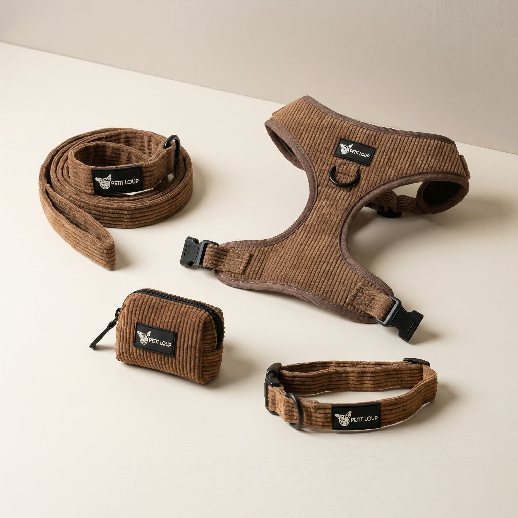 Dog Set — Brownie (Collar, Leash, Harness & Poop Bag Holder, Chocolate Brown Corduroy)