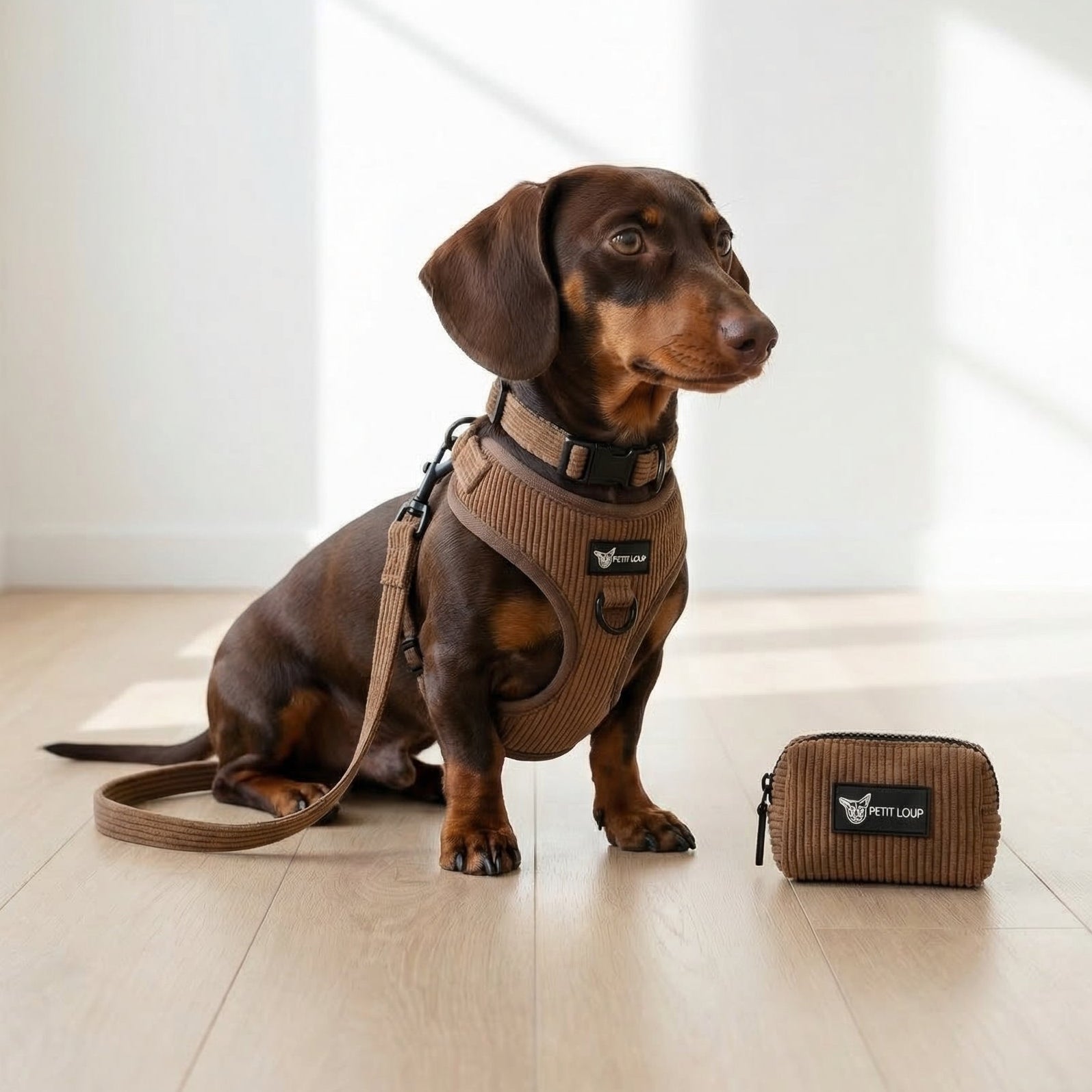 Dog Set — Brownie (Collar, Leash, Harness & Poop Bag Holder, Chocolate Brown Corduroy)