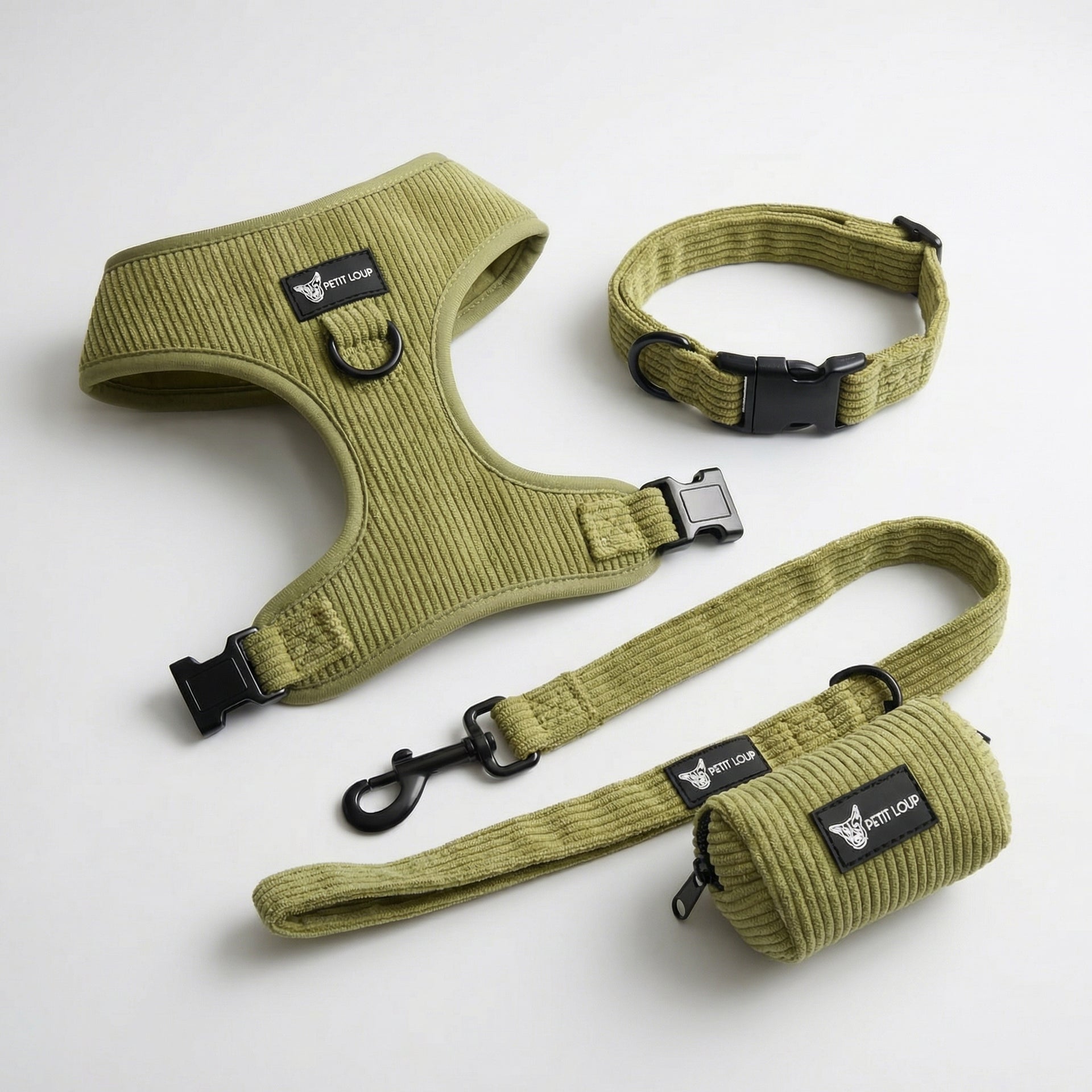 Dog Set — Pistachio (Collar, Leash, Harness & Poop Bag Holder, Corduroy)