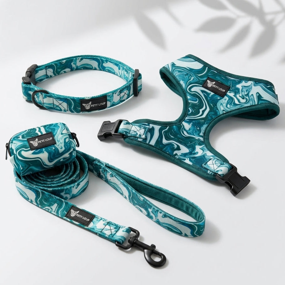 Dog Set — Marble Magic (Collar, Leash, Harness & Poop Bag Holder)