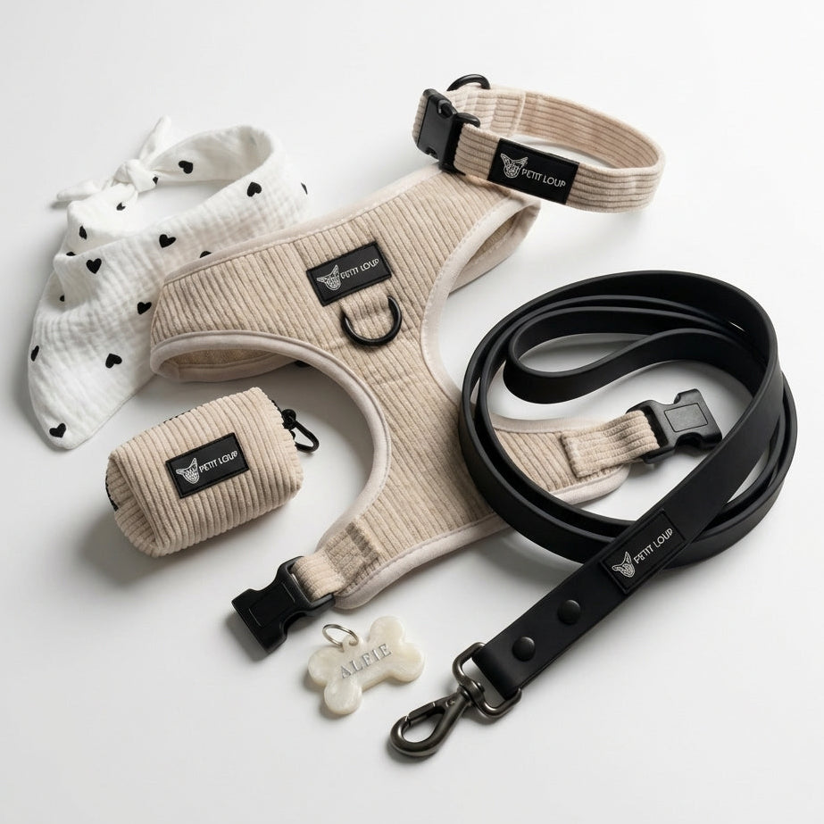 Dog Set — Urban (Mix & Match: Cream Harness, Urban Leash, Black & White Bandana & Snowy Paws Tag)