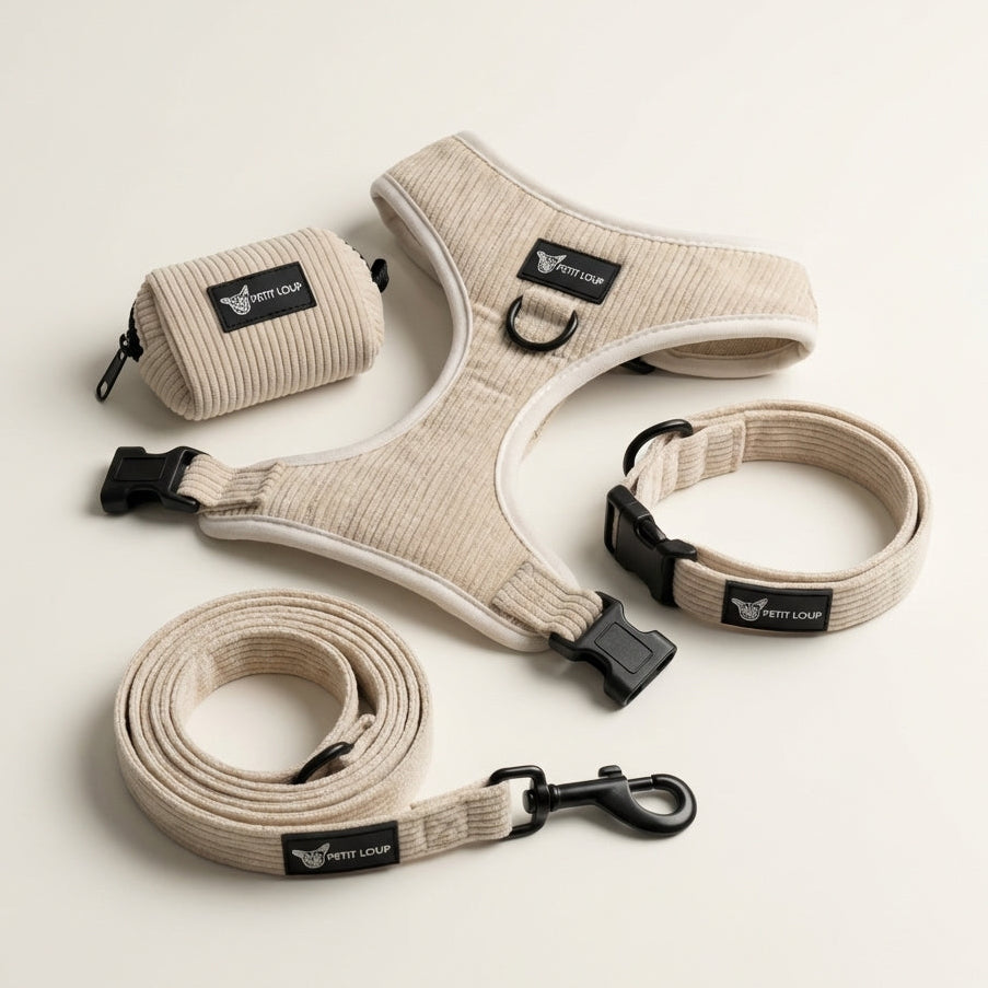 Dog Set — Cream Dream (Collar, Leash, Harness & Poop Bag Holder, Corduroy)