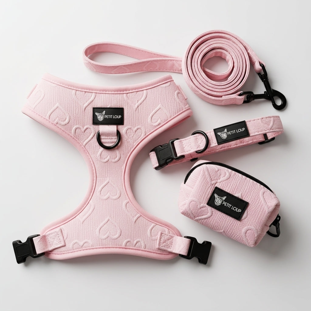 Dog Set — Amour (Collar, Leash, Harness & Poop Bag Holder, Pink with Hearts)