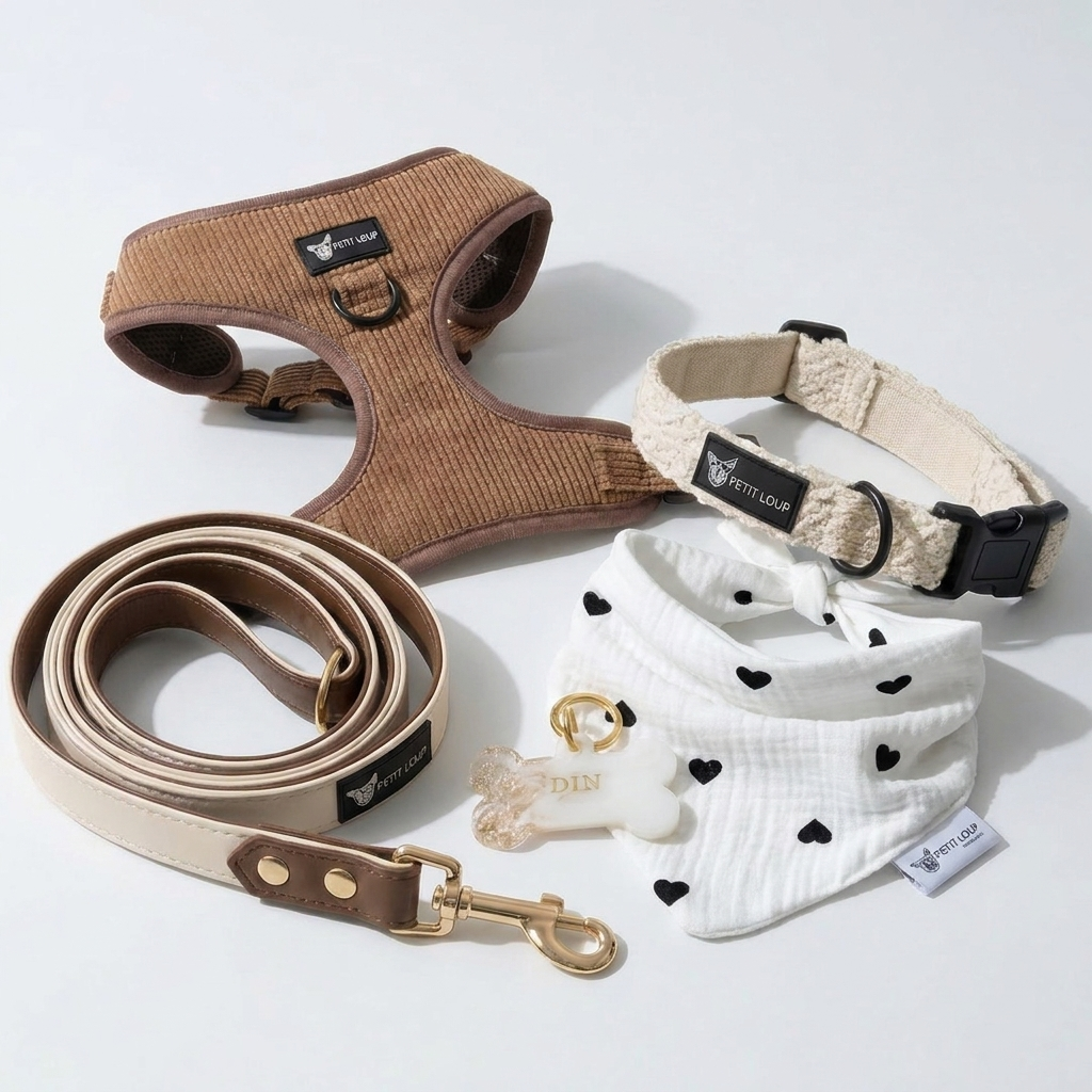 Dog Set — Latte (Mix & Match: Brownie Harness, St.Tropez Leash, Latte Bandana & Gold Flakes Tag)