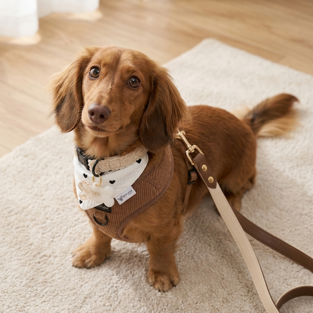 Dog Set — Latte (Mix & Match: Brownie Harness, St.Tropez Leash, Latte Bandana & Gold Flakes Tag)