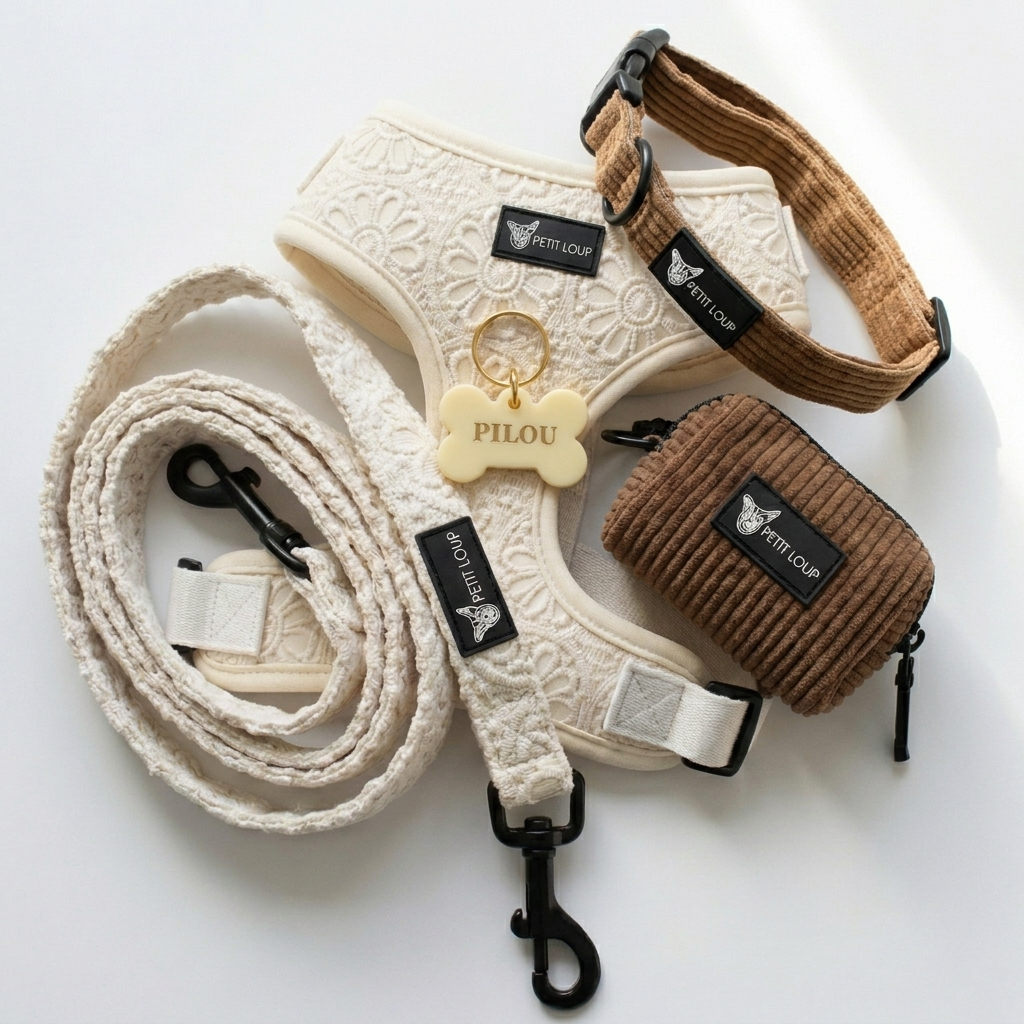 Dog Set — Vintage (Mix & Match: Boho Crochet Harness, Brownie Collar & Pouch, Butter Name Tag)